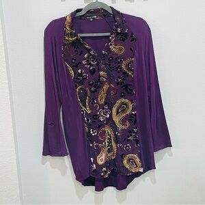 RXB Women’s Size M Paisley Burnout Velvet Long Sleeve Panel Top Purple & Gold